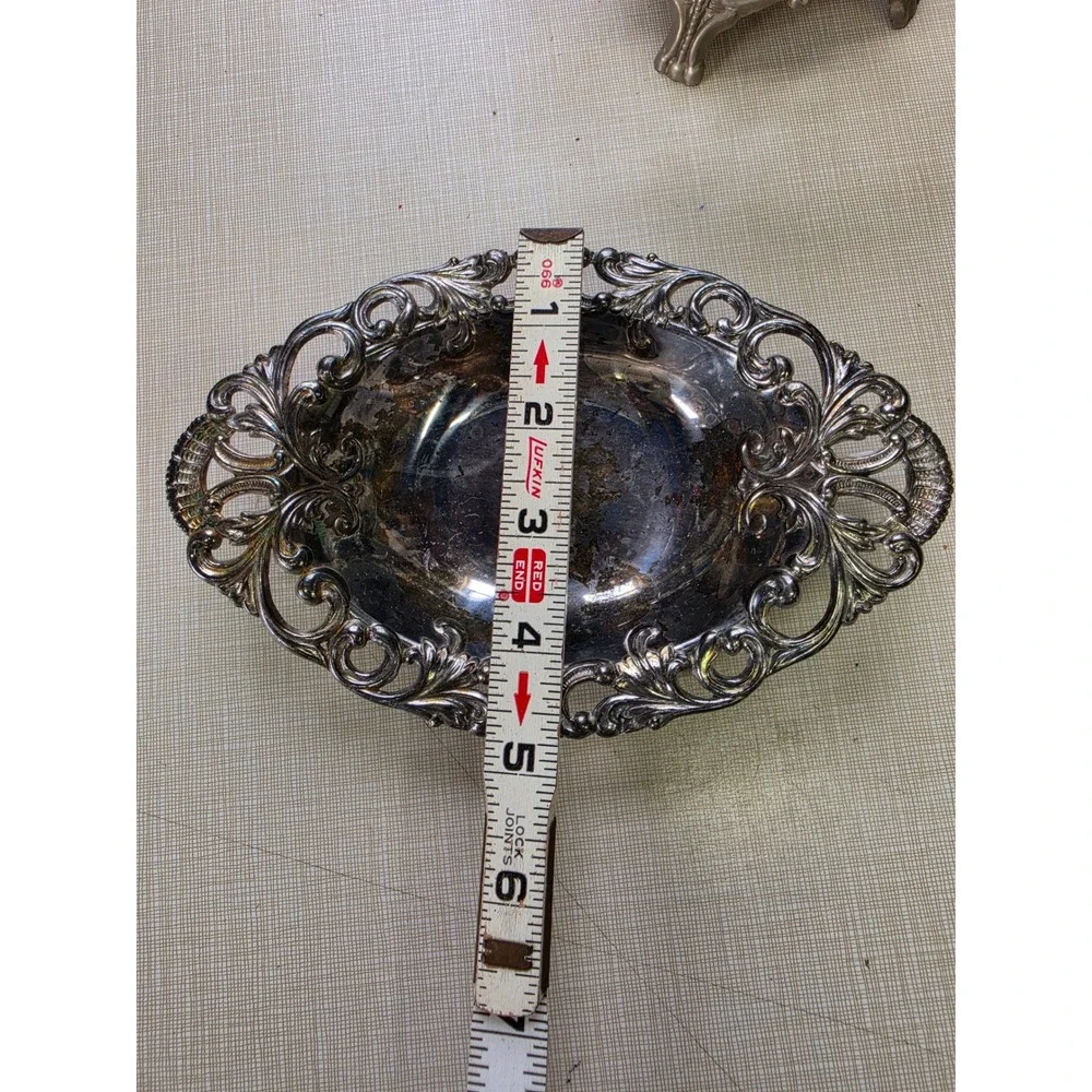 Vintage Footed Glass Trinket Bowl and Silver Tone Filigree Metal Dish Set